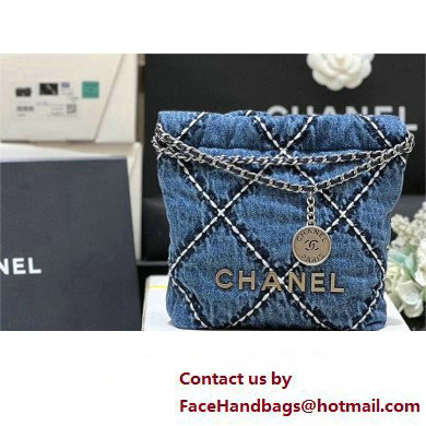 chanel Stitched Denim & Silver-Tone Metal Blue 22 Mini Handbag AS3980 2024(original quality)